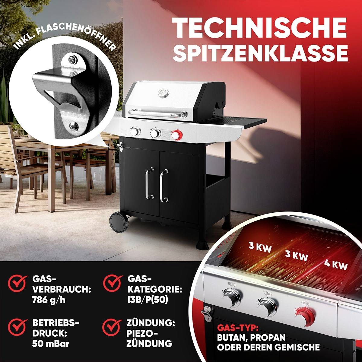 Profi Cook PC-GG 1310 Gas Gas-Grill 3 Brenner Schwarz