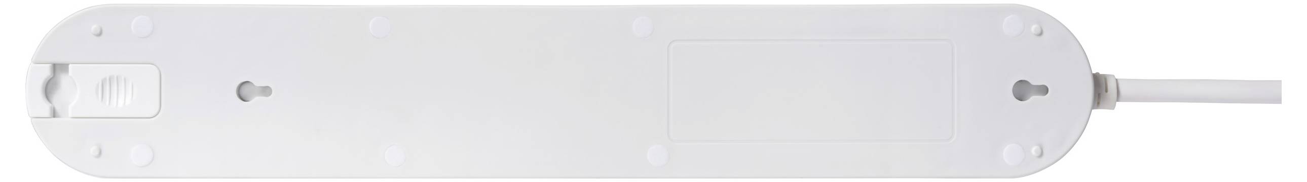 Das Bild zeigt die Unterseite einer weißen Steckdosenleiste mit Befestigungslöchern zur Wandmontage und einem angeschlossenen Netzkabel.