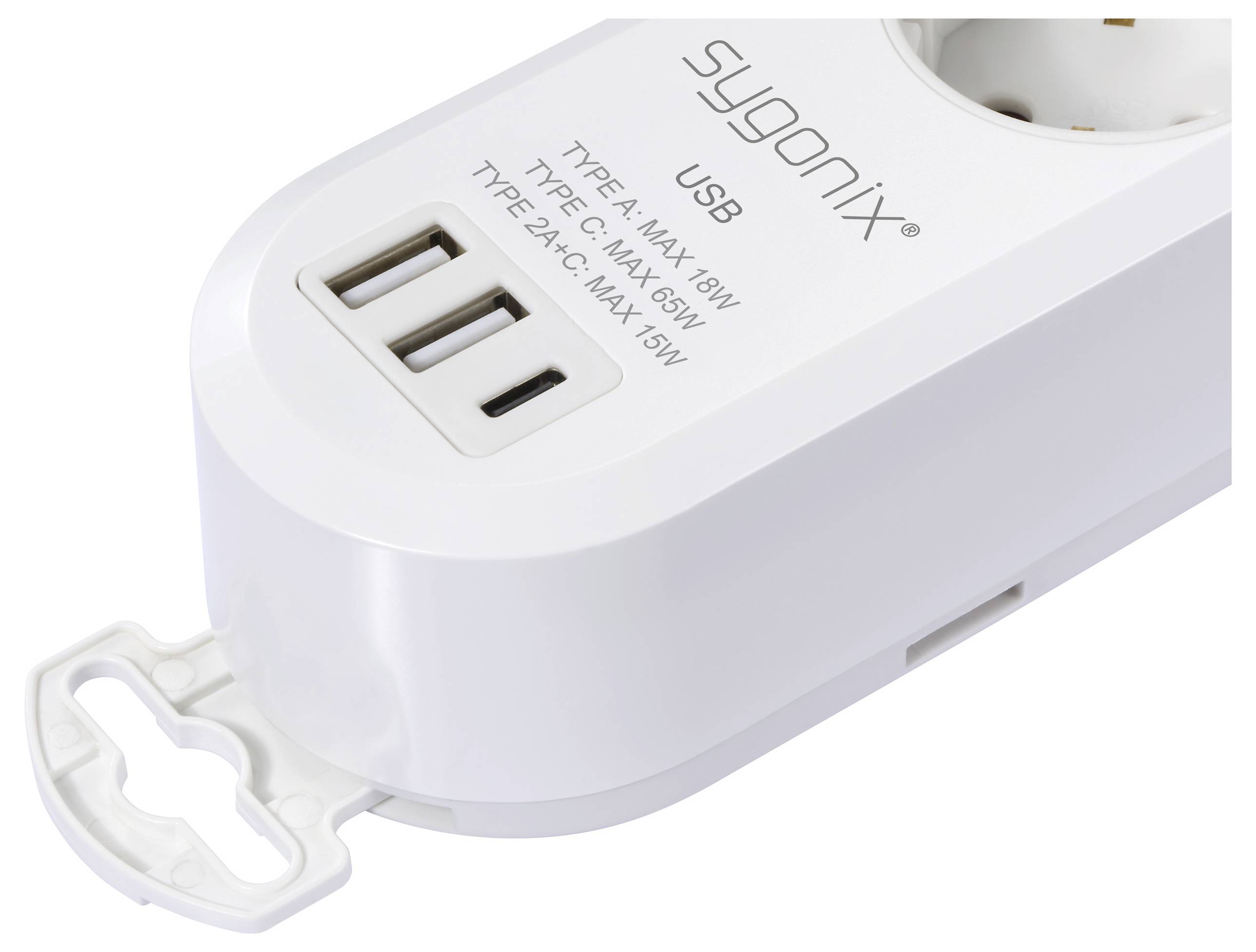 Ein weißer Steckerleiste mit Aufschrift 'Sygonix USB', ausgestattet mit USB Typ-A und Typ-C-Anschlüssen. Sie zeigt Leistungskapazitäten an: Typ A maximal 18 W, Typ C maximal 65 W.