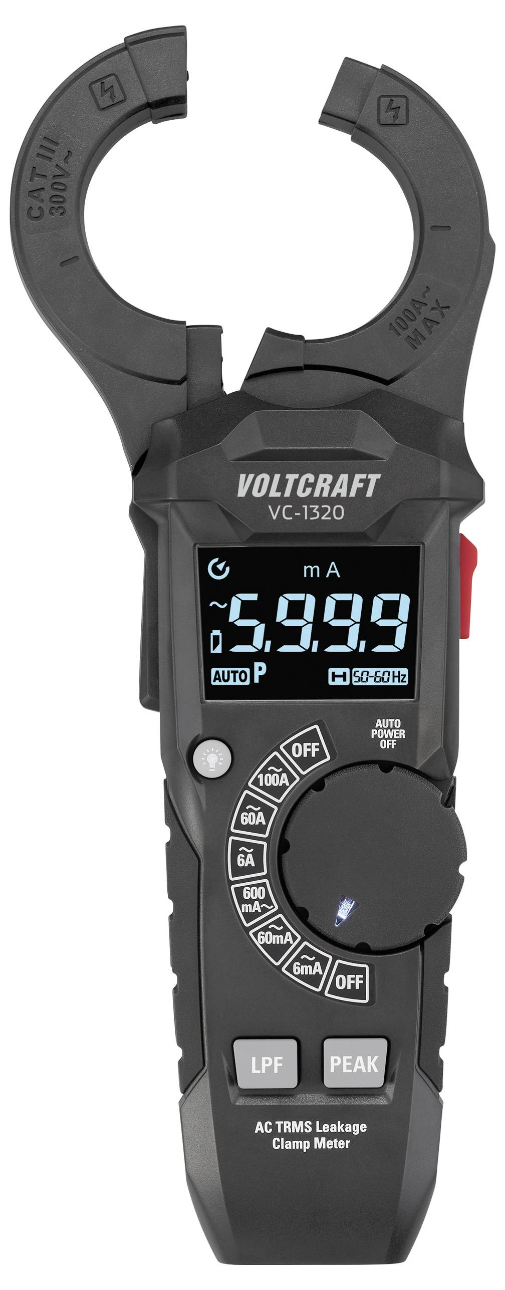 Ein digitales Zangenmessgerät, das eine Messung von 5,98 mA anzeigt und Steuerungen für AC, DC und andere Messfunktionen aufweist.