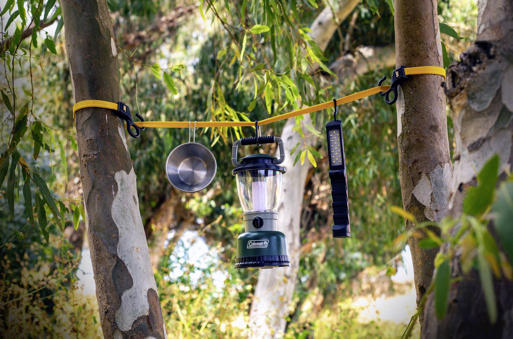 Eine Laterne, ein Licht und eine Metalltasse hängen an einem gelben Gurt zwischen zwei Bäumen in einer Waldlandschaft, was eine Campingszene andeutet.