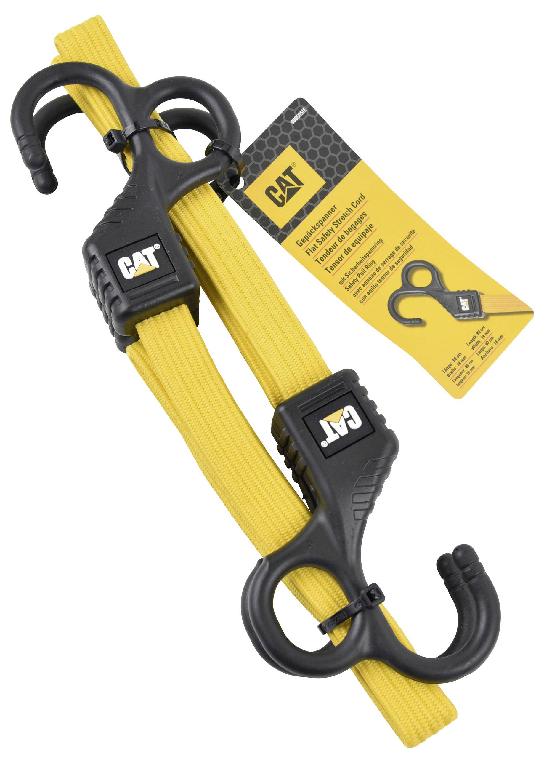 Gelber Bungee-Gurt mit schwarzen Haken, beschriftet mit 'CAT', in Verpackung mit Etikett, auf dem das Markenlogo und Produktinformationen angebracht sind.