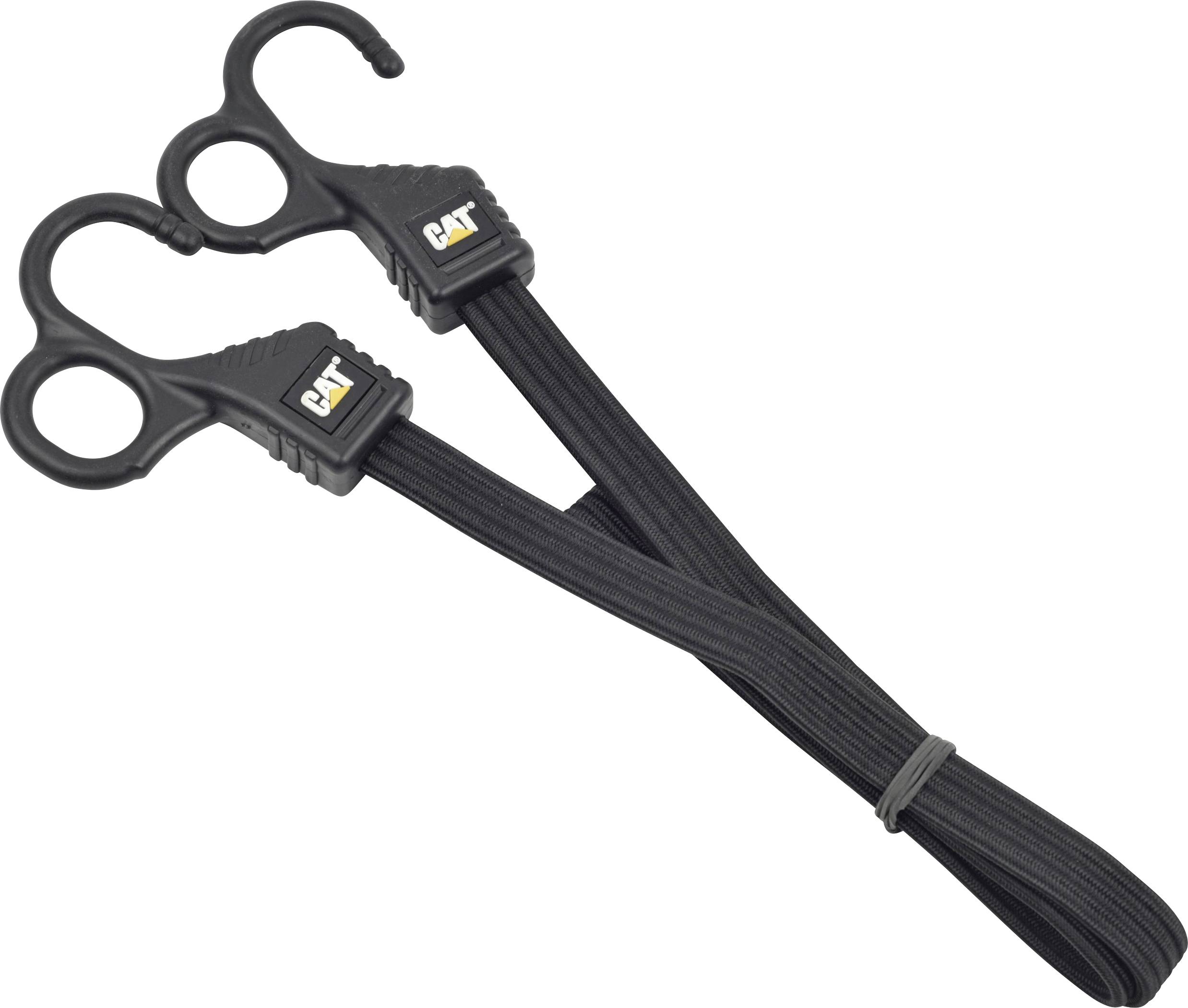 'CAT' Marken-Spanngurt mit doppeltem Haken aus schwarzem Gummi und robusten Griffen, entwickelt für einen sicheren Halt und vielseitige Befestigung.