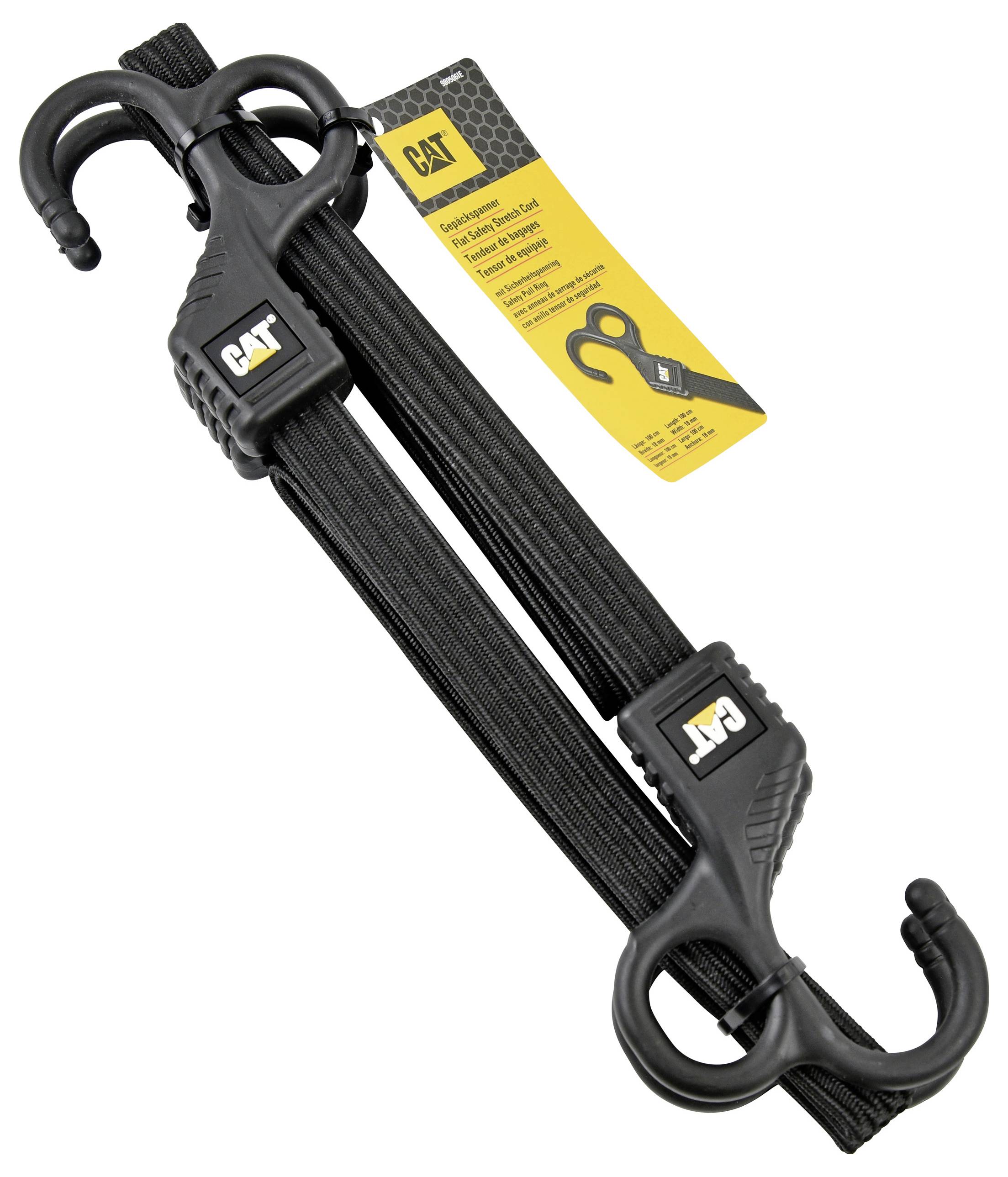 Zwei schwarze CAT-Spanngurte aus robustem Material mit Haken und angehängtem Etikett.
