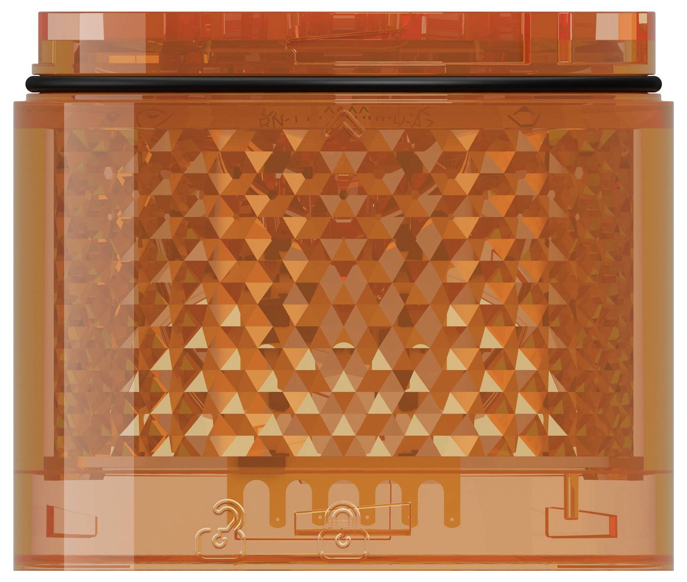 Orange durchscheinende Fahrzeugleuchte mit strukturierter Reflektorfläche und schwarzer Dichtung, Vorderansicht auf weißem Hintergrund.