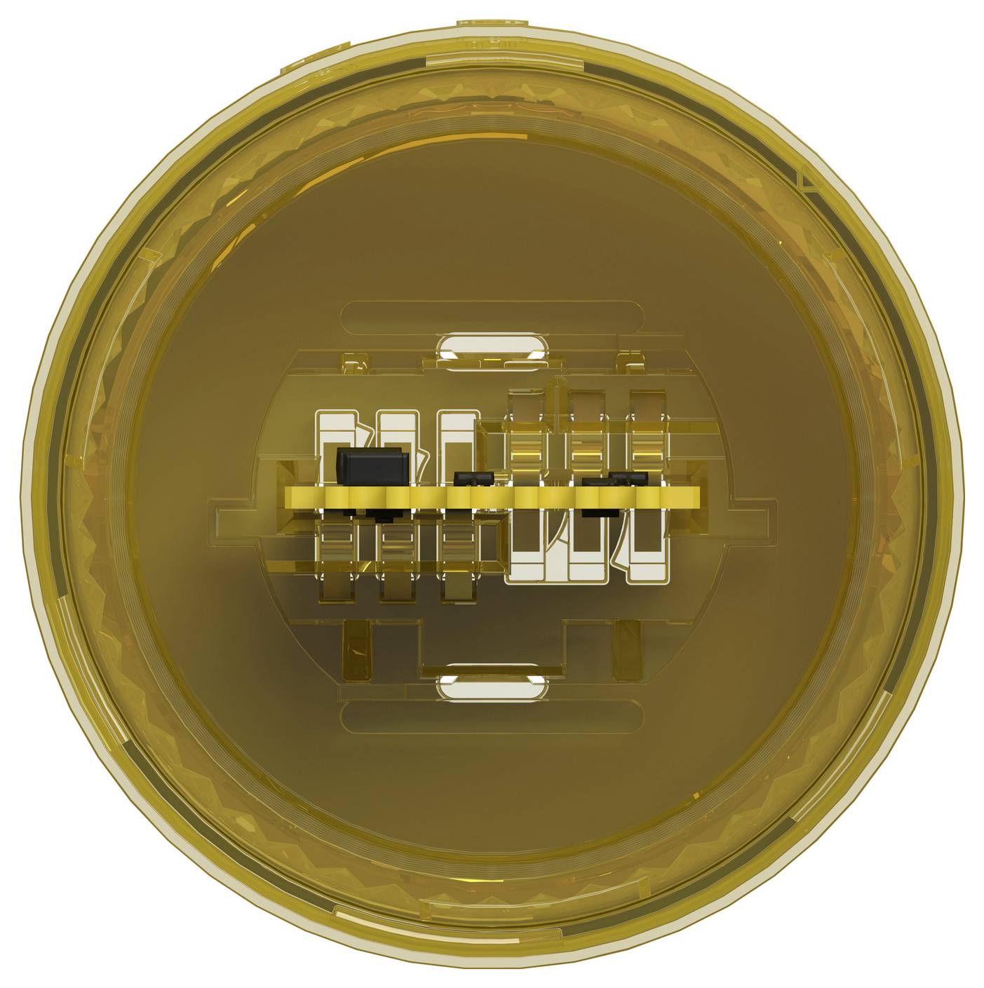 Draufsicht eines durchsichtigen bernsteinfarbenen zylindrischen Behälters mit internen Metallkontakten und einer zentralen Steckermontageanordnung.