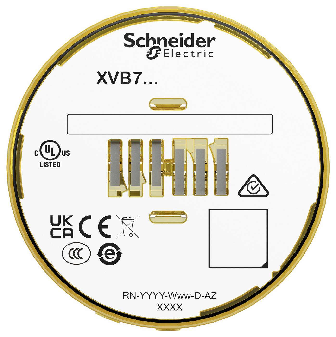 Schneider Electric XVB7-Geräteetikett mit Zertifizierungszeichen, Modellcode „RN-YYYY-Www-D-AZ XXXX