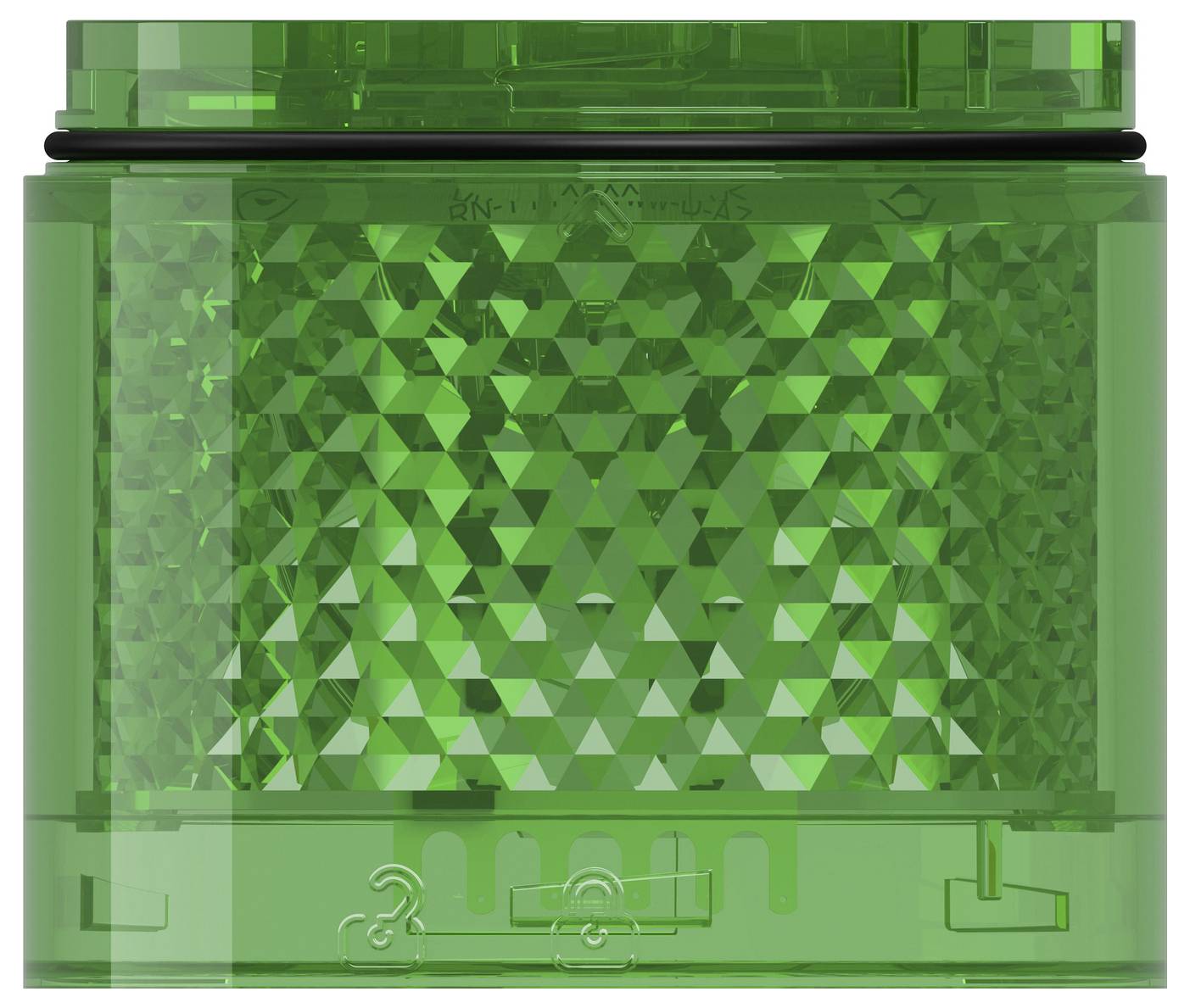 Grünes durchsichtiges Kunststoffgehäuse mit strukturiertem geometrischem Frontpanel und transparentem oberen Bereich.