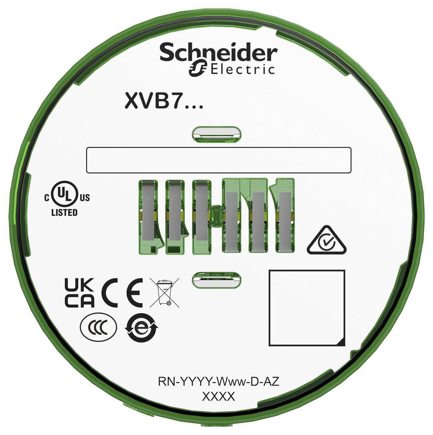 Produktetikett für Schneider Electric XVB7 Signalturmkomponente mit Zertifizierungszeichen, Modellcode RN-YYYY-Www-D-AZ und einem leeren Etikettierungsbereich.
