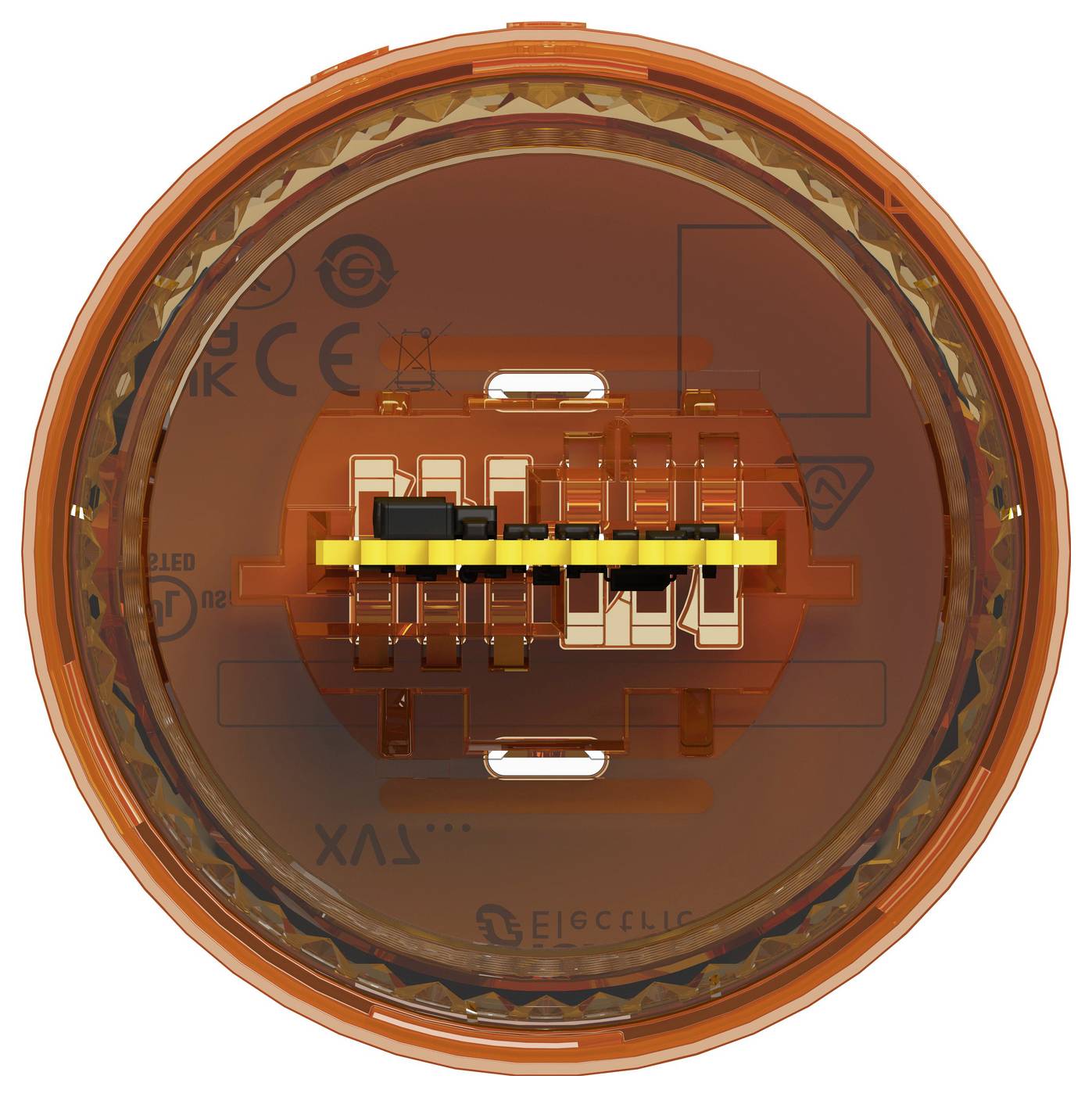 Nahaufnahme einer orangefarbenen kreisförmigen elektronischen Komponente mit einer zentralen gelb-schwarzen Steckeranordnung in einem durchsichtigen Gehäuse.