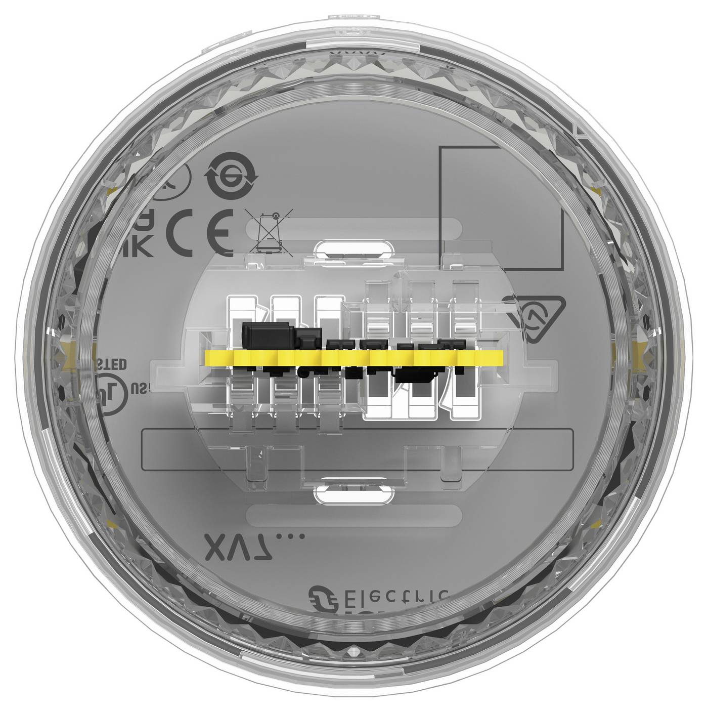 Nahaufnahme eines kreisförmigen elektronischen Steckers oder Sensors mit durchsichtigem Gehäuse, der interne Kontakte und einen gelben Ausrichtungsstab zeigt.