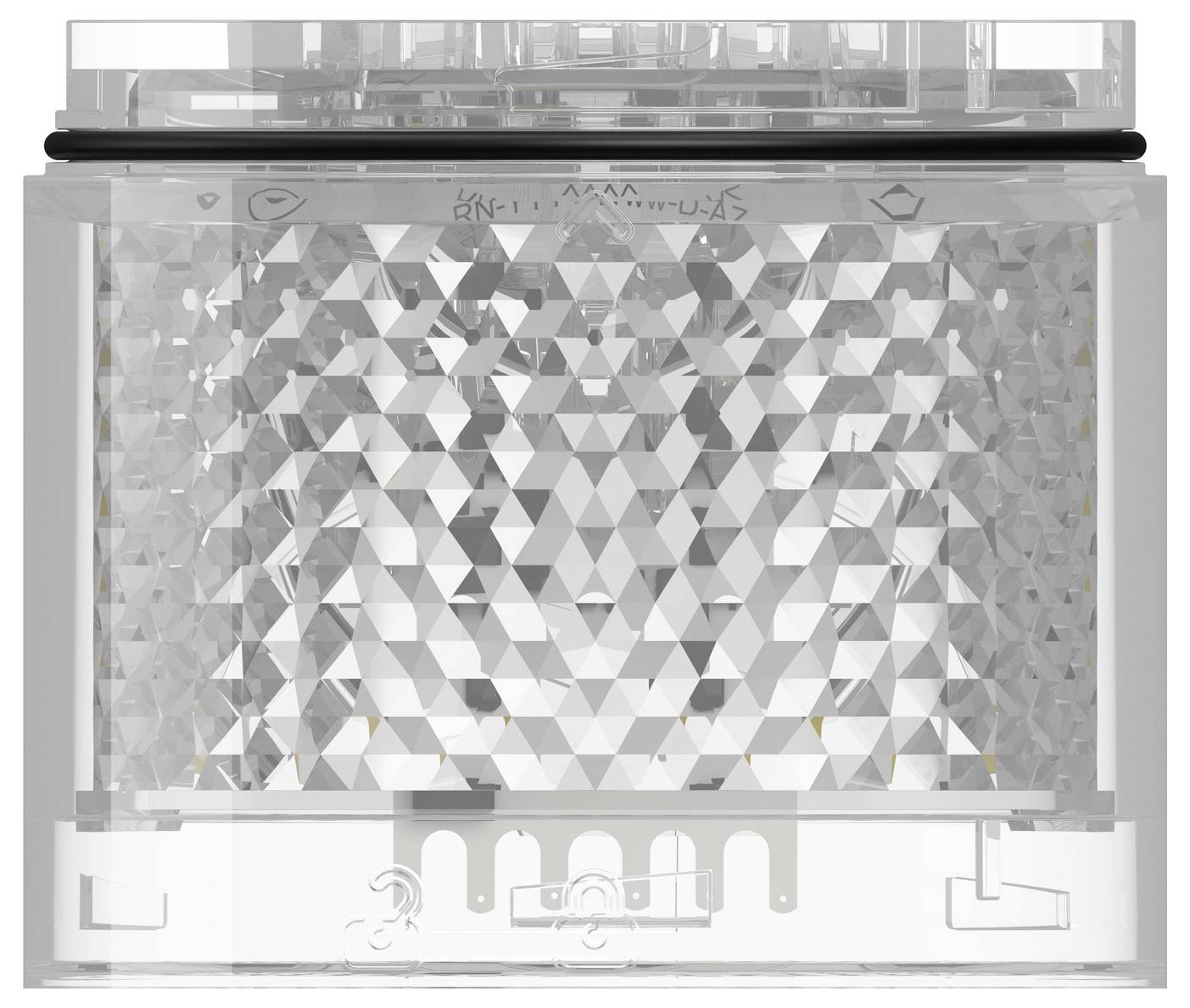 Transparenter rechteckiger Behälter mit einer facettierten, diamantgemusterten Innenfläche und einem dunklen Deckel oben, in der Vorderansicht dargestellt.
