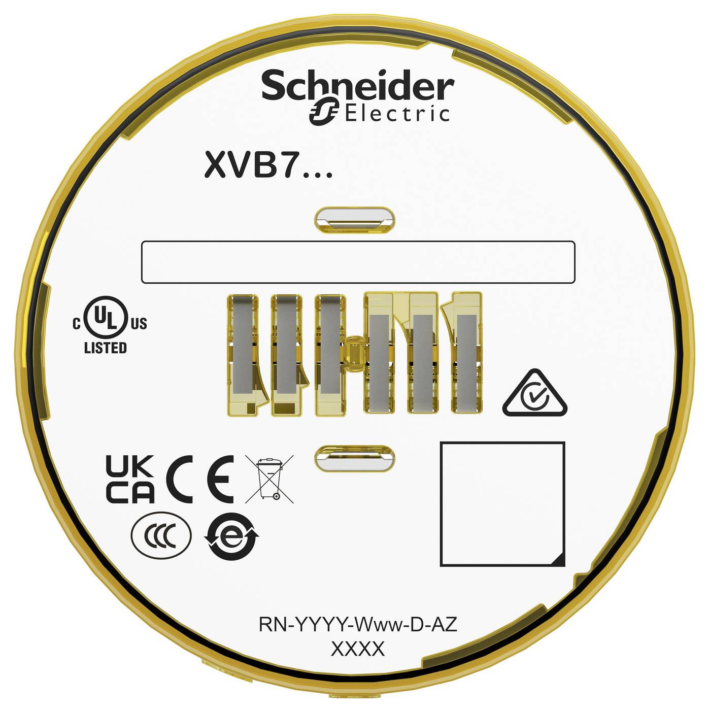 Schneider Electric XVB7... rundes Gerätegehäuse mit Zertifizierungssymbolen und Modellcode RN-YYYY-Www-D-AZ XXXX.