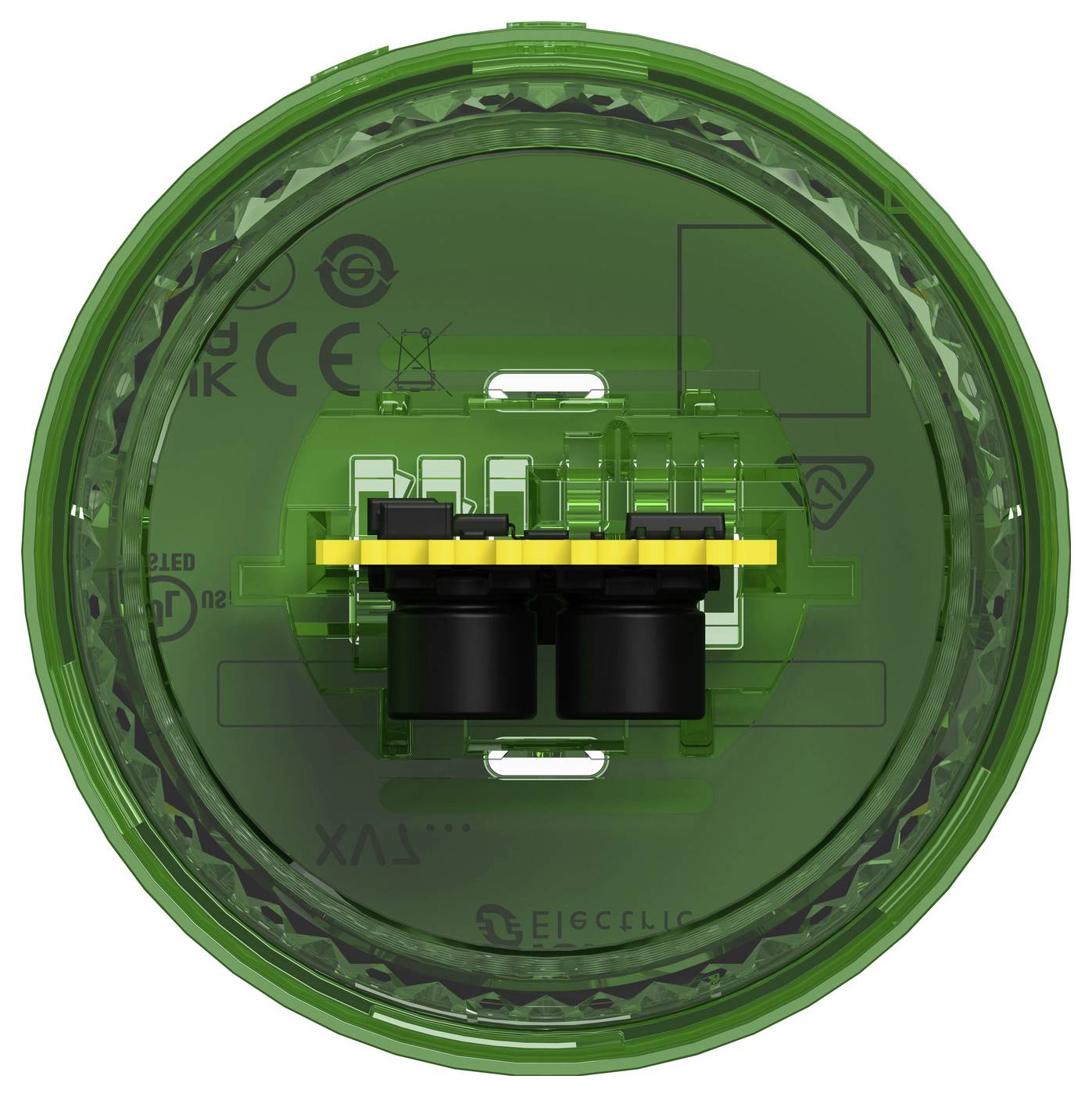 Nahaufnahme einer grünen kreisförmigen elektronischen Komponente mit einem zentralen schwarzen Stecker und gelbem Streifen, dargestellt vor einem transparenten Hintergrund.