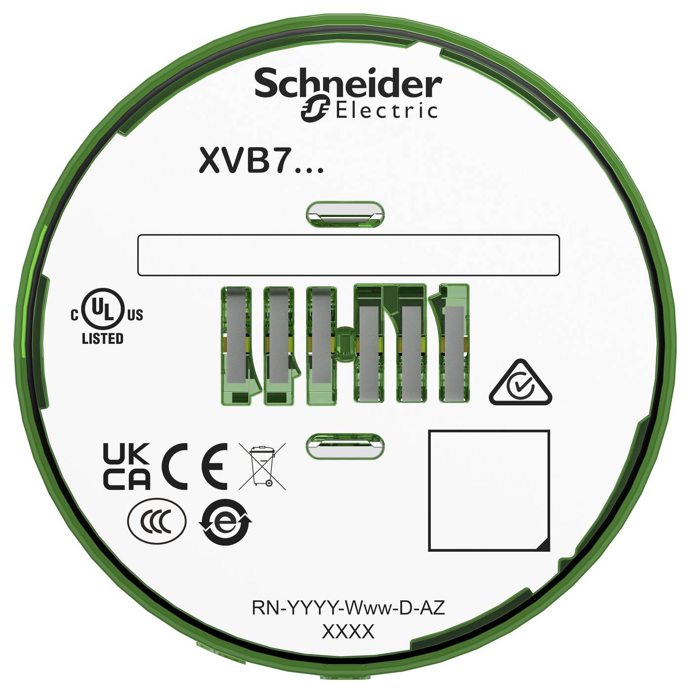 Schneider Electric XVB7... gekennzeichnete kreisförmige grüne elektronische Komponentenoberfläche mit Konformitätskennzeichnungen und Modellcode RN-YYYY-Www-D-AZ XXXX.