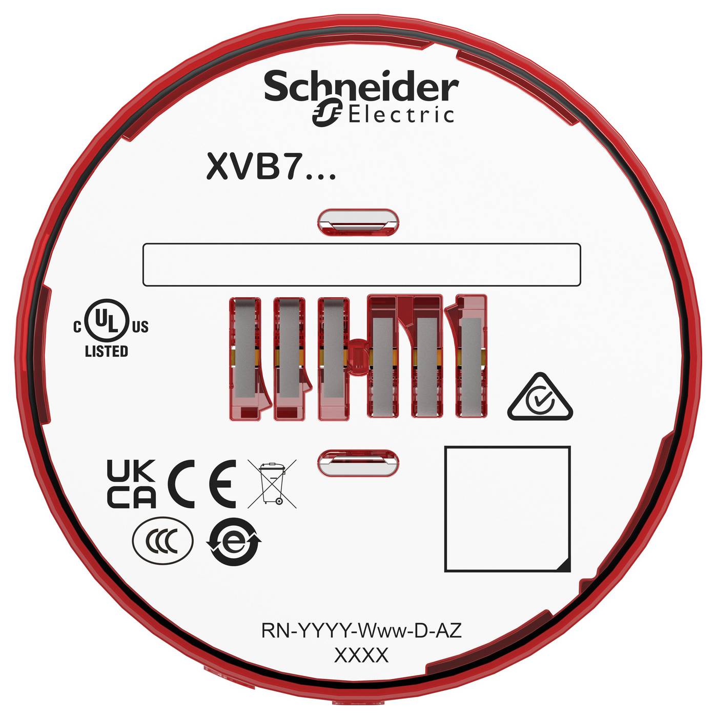 Schneider Electric Produktetikett für 'XVB7...' mit Zertifizierungszeichen, Barcode-Bereich und großem rotem Rundrahmen.
