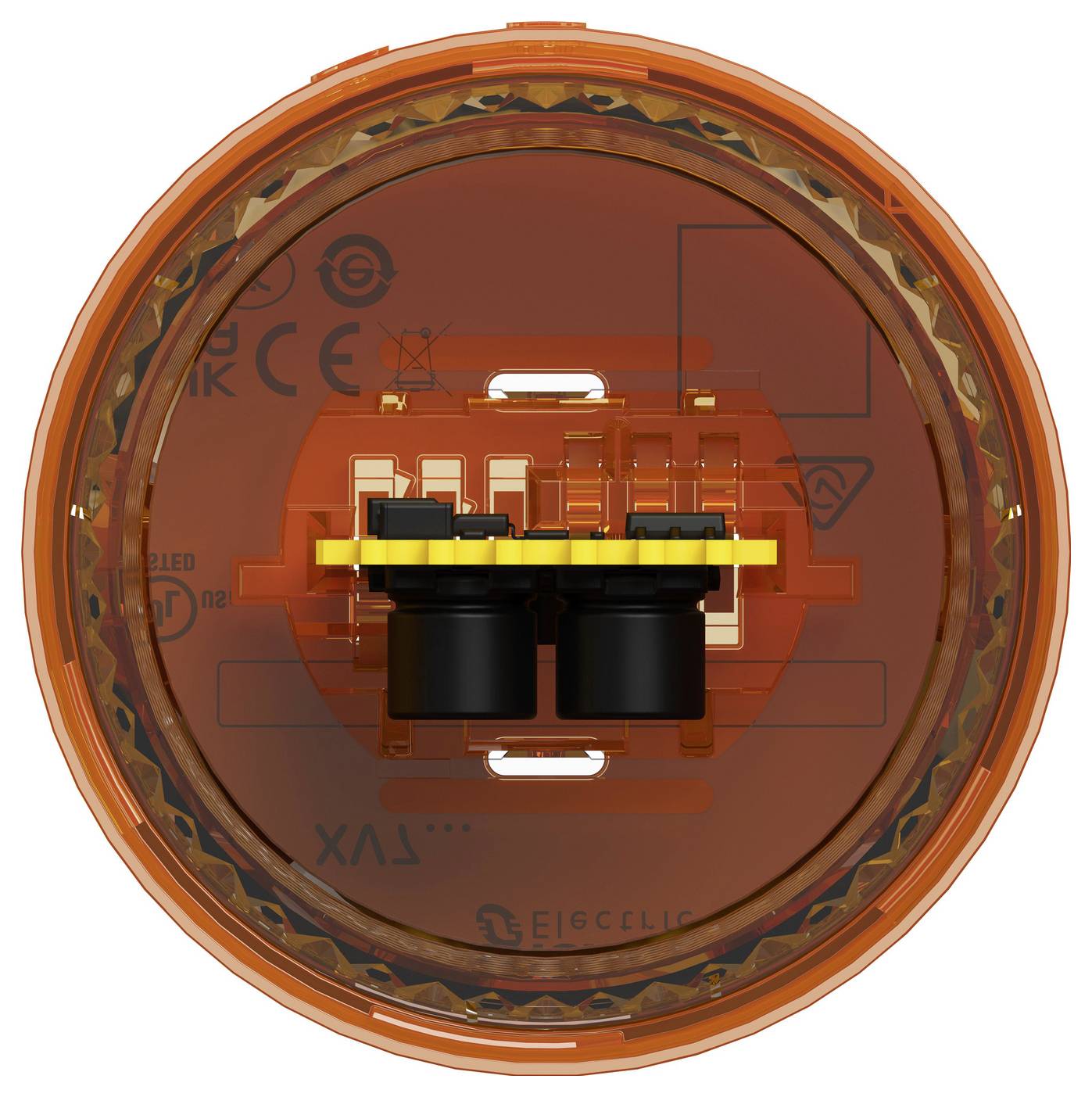 Nahaufnahme einer runden orangefarbenen elektronischen Komponente oder eines Sensors mit sichtbaren schwarzen und gelben Innenteilen in einem transparenten kreisförmigen Gehäuse.