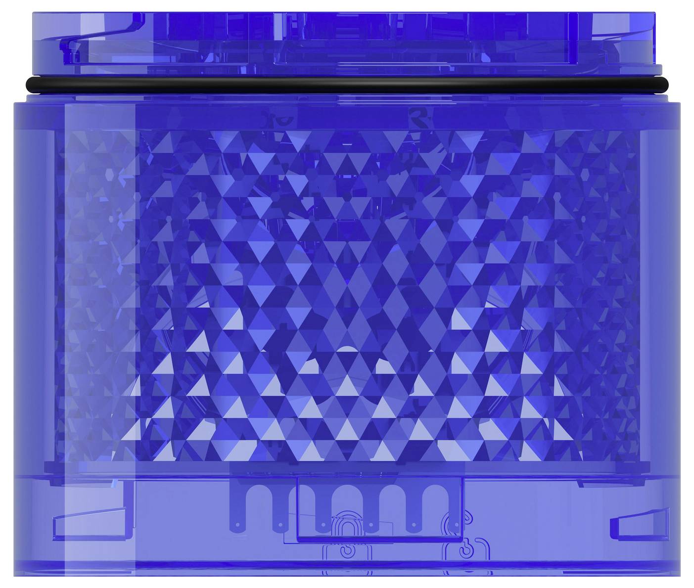 Nahaufnahme eines blauen, durchsichtigen elektronischen Geräts oder einer Batterie mit strukturiertem geometrischem Inneren und durchsichtiger Außenhülle.