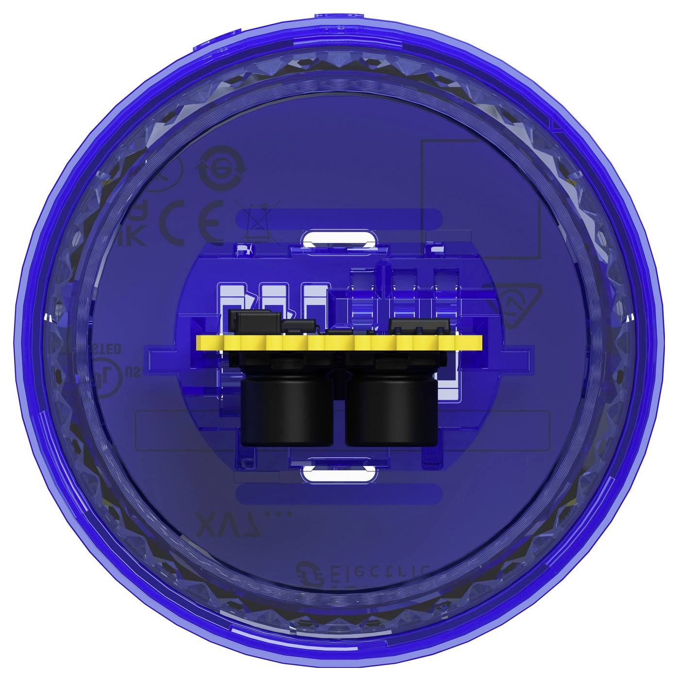 Draufsicht auf eine blaue kreisförmige elektronische Komponente mit einem zentralen schwarz-gelben Stecker und in einem durchscheinenden Gehäuse sichtbarer interner Schaltung.