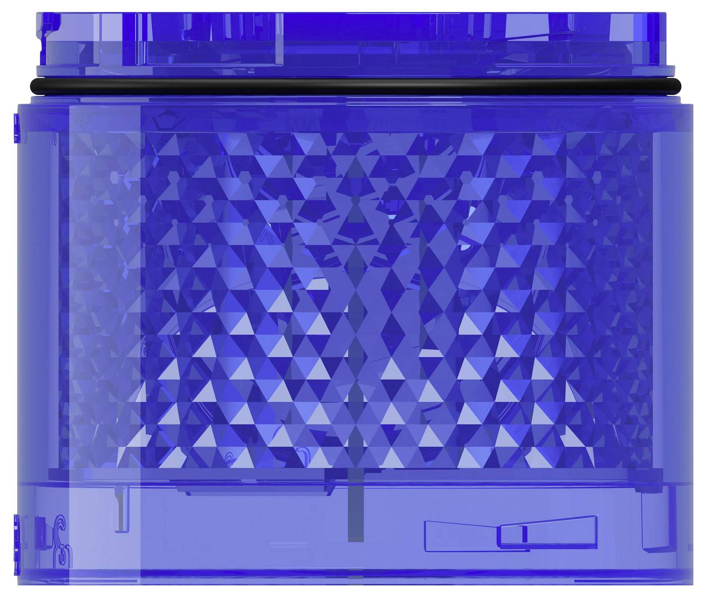 Blauer transparenter zylindrischer Behälter mit facettiertem Innenmuster und Deckel, Vorderansicht auf weißem Hintergrund.