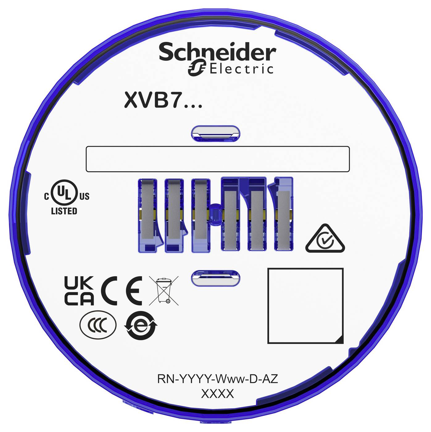 Schneider Electric XVB7 kreisförmiges Moduletikett mit UL-, UKCA- und CE-Kennzeichnungen, Produktcode RN-YYYY-Www-D-AZ XXXX.