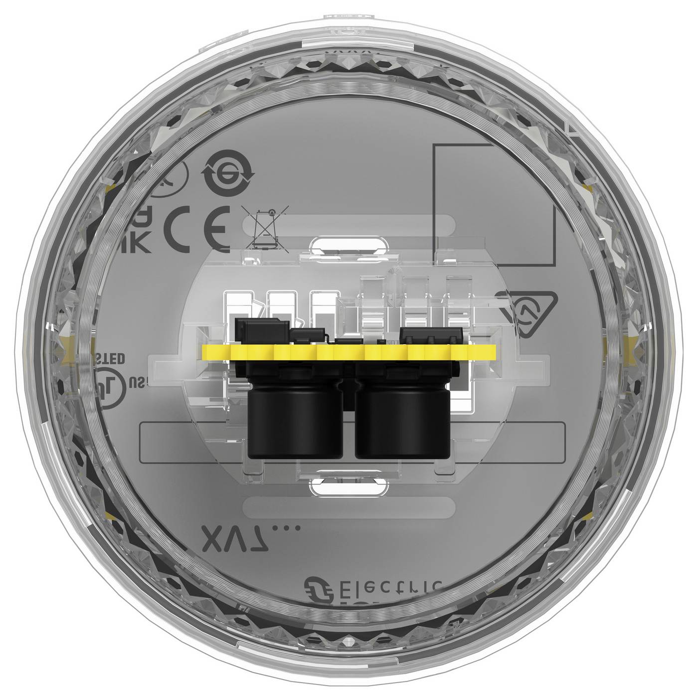 Nahaufnahme eines runden elektronischen Gerätegehäuses mit freiliegenden internen Komponenten, Steckverbindern und Konformitätskennzeichnungen auf einer transparenten Abdeckung.