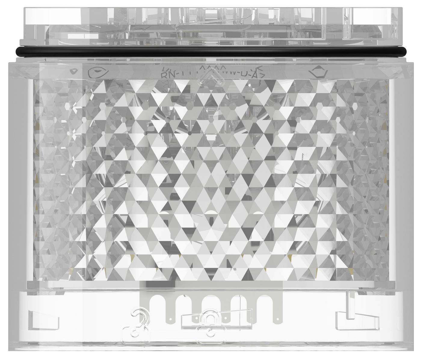 Ein klarer Kunststoff-Behälter oder Gerät in rechteckiger Form mit strukturiertem geometrischen Muster und weißer Basis, in der Frontalansicht gezeigt.
