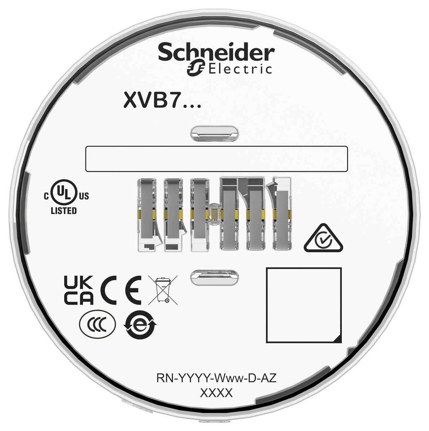 Schneider Electric Rundenetikett für XVB7-Serie, das Zertifizierungsmarken und Modell-/Code-Platzhalter auf weißem Hintergrund zeigt.