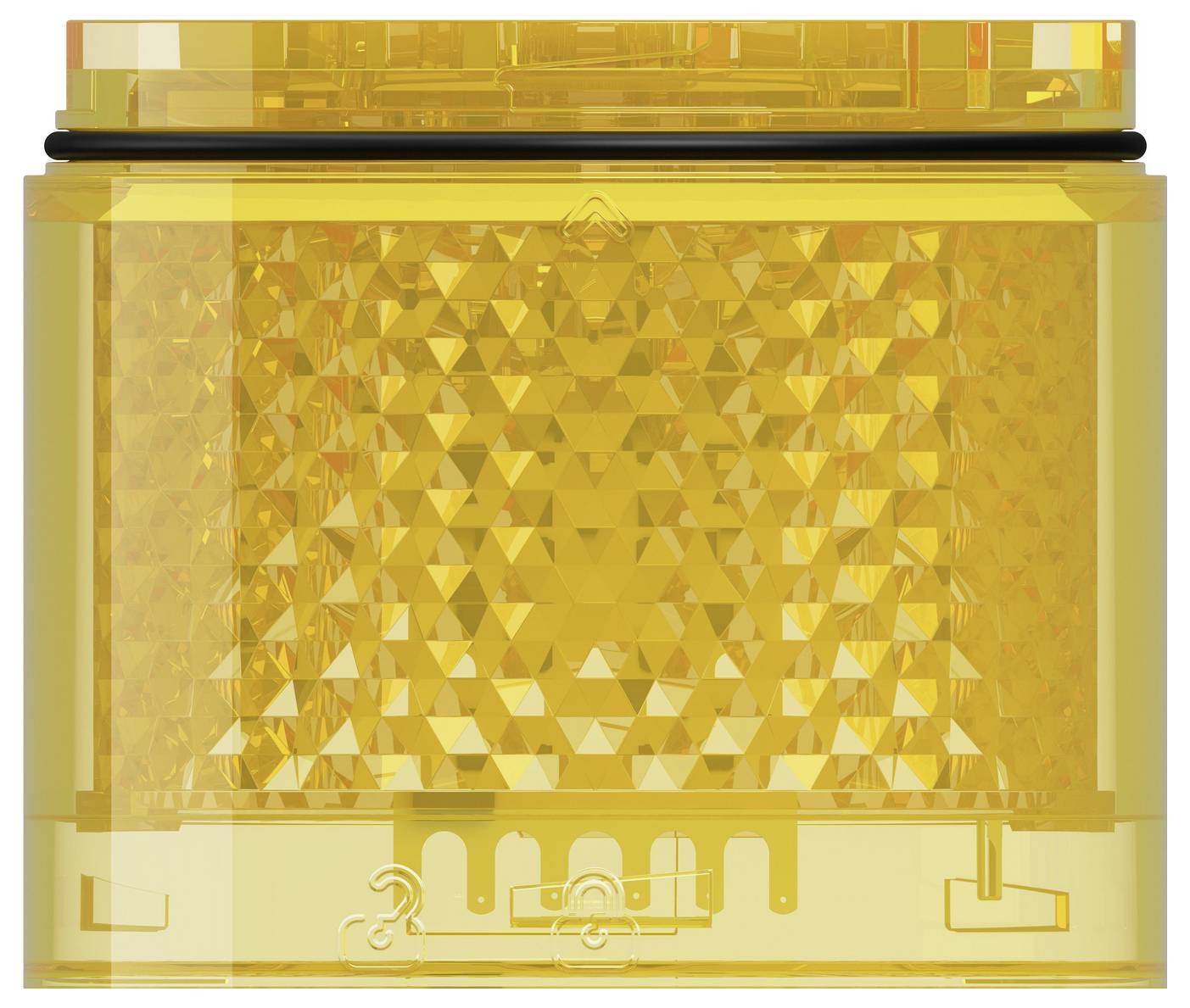 Durchsichtiger gelber Kunststoffbehälter mit facettiertem geometrischem Frontpanel und schwarzem Deckel, Frontansicht dargestellt.