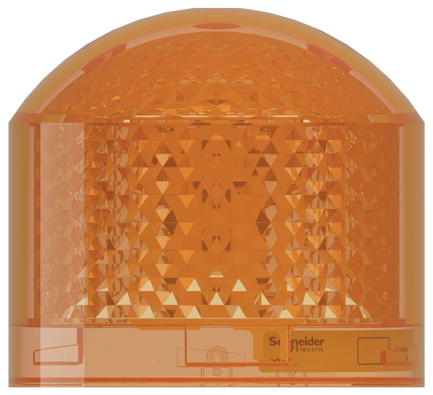 Orange Warnleuchte von Schneider Electric mit Kuppellinse und gemustertem transluzenten Gehäuse auf rechteckiger Basis.