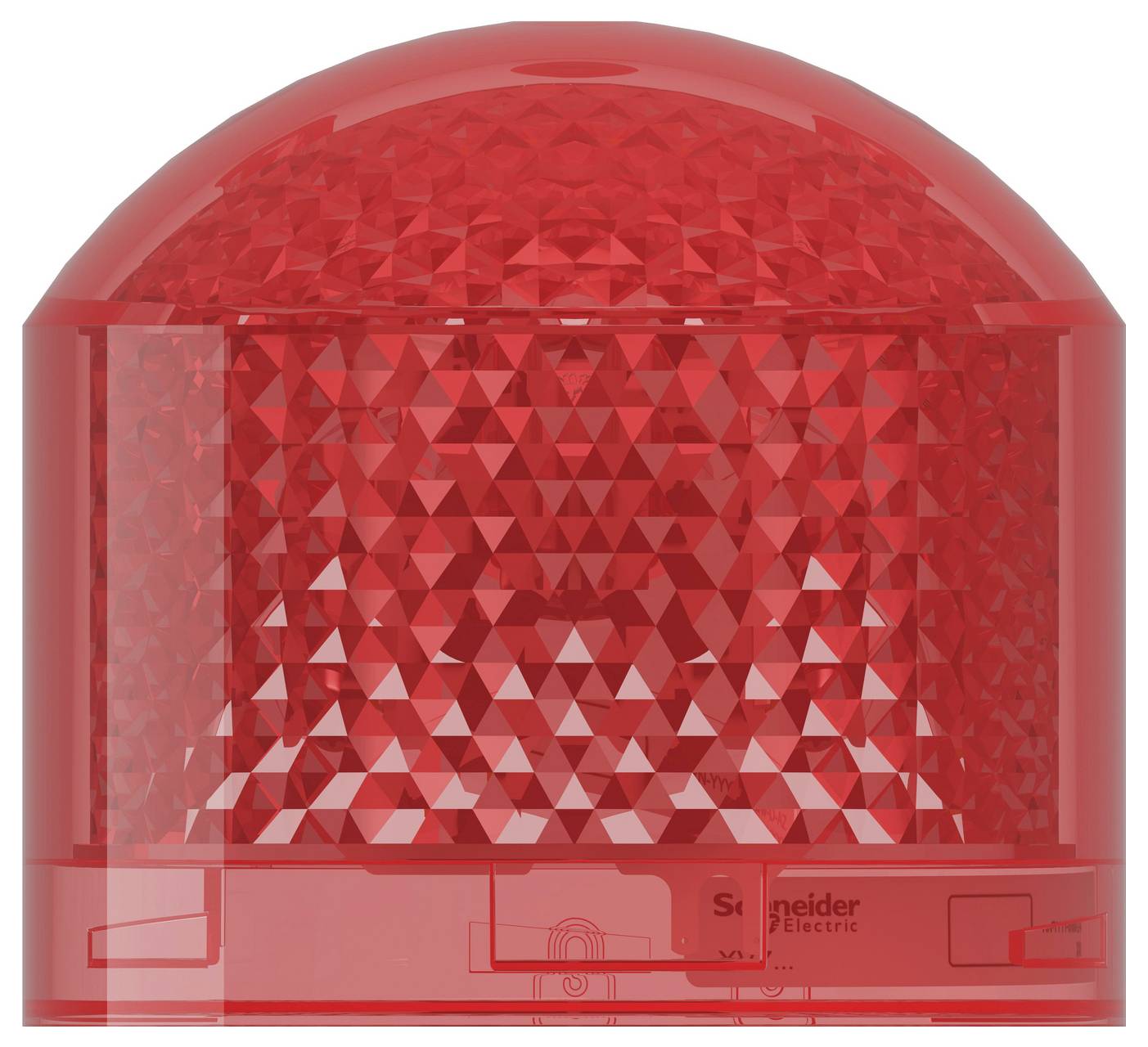 Rotes rotierendes Signallicht mit facettiertem Objektiv und Schneider Electric-Sockel.