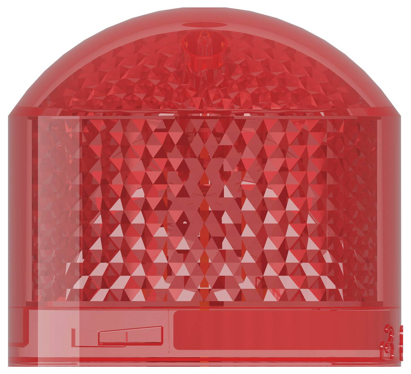 Rotes Notfall-Warnlicht mit transparenter Kuppel und facettiertem Reflektor, vor weißem Hintergrund dargestellt.