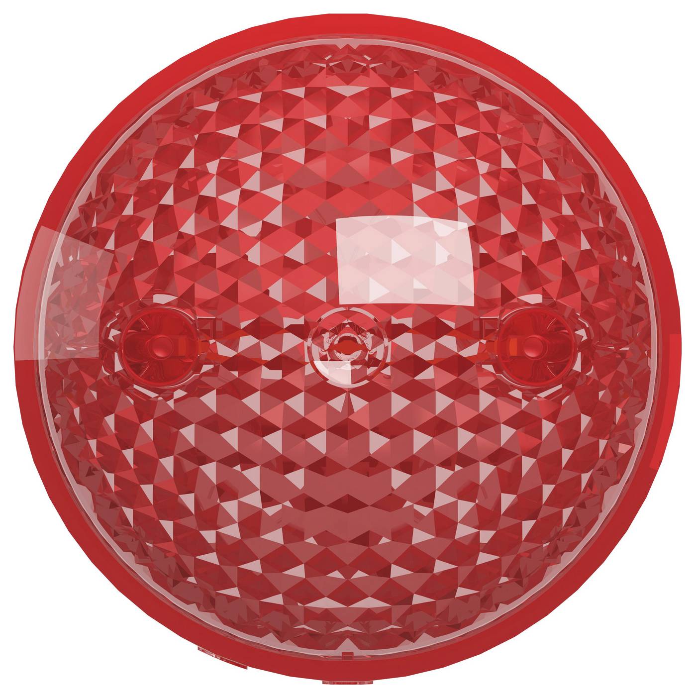 Roter kreisförmiger facettierter Reflektor oder Linsenelement mit zwei seitlichen Öffnungen und einer zentralen Nabe, wahrscheinlich Teil eines Rücklichts oder einer Warnleuchte.