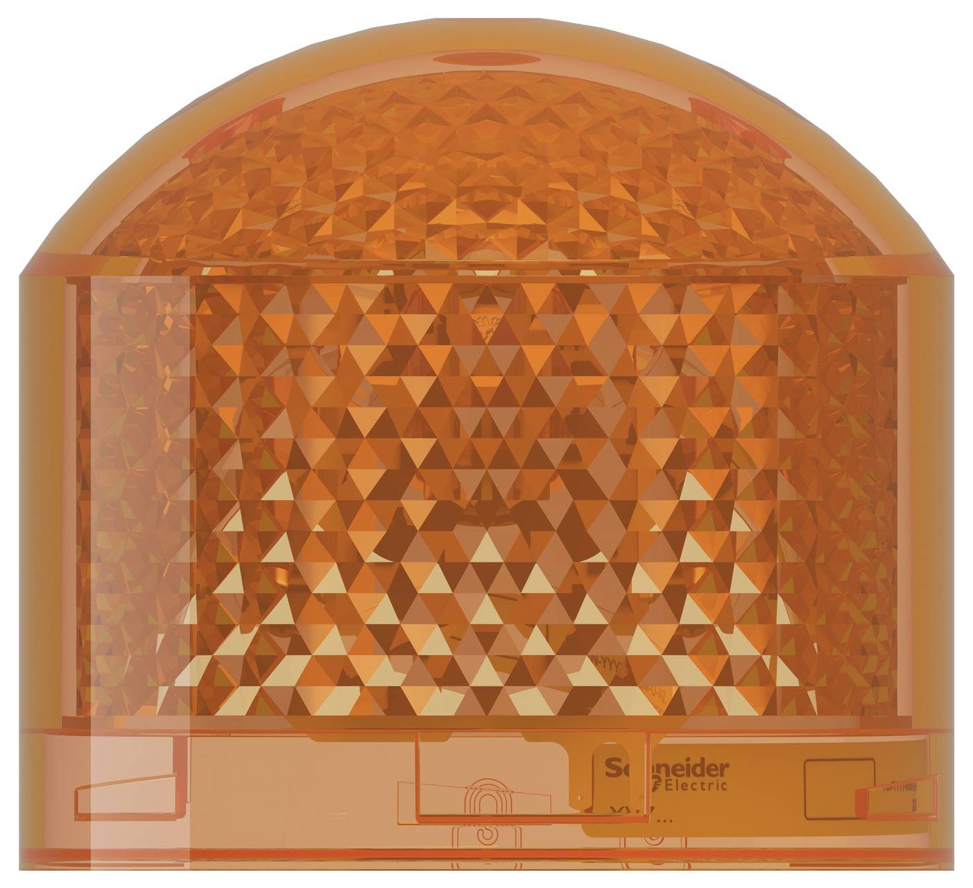 Orange durchscheinende Kuppel-Signalleuchte mit facettiertem Reflektor und Schneider Electric-Etikett auf der Basis.