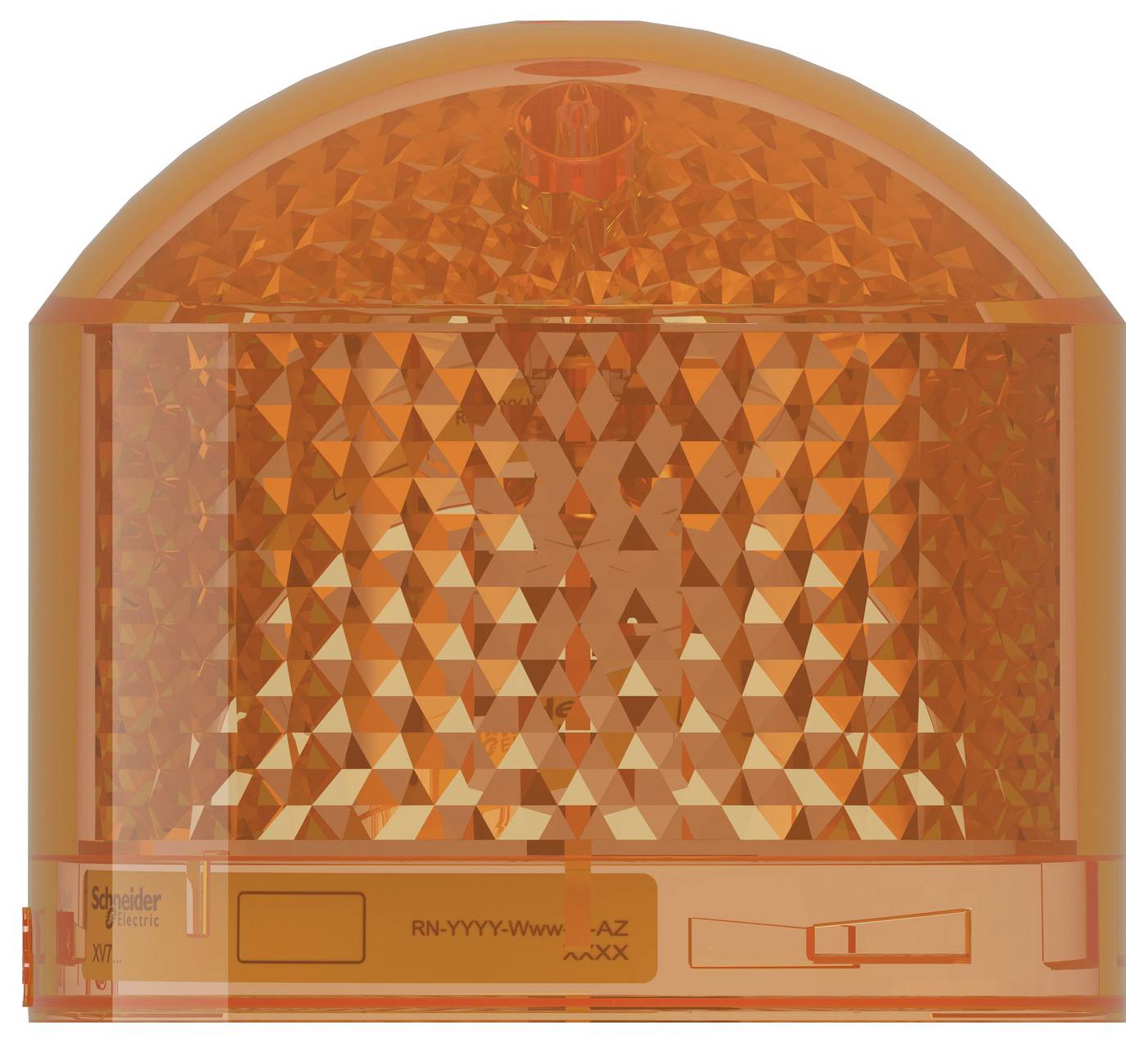 Orangefarbenes Kuppelleuchtsignal mit facettiertem Reflektor und rechteckiger Basis, in Frontansicht auf weißem Hintergrund dargestellt.