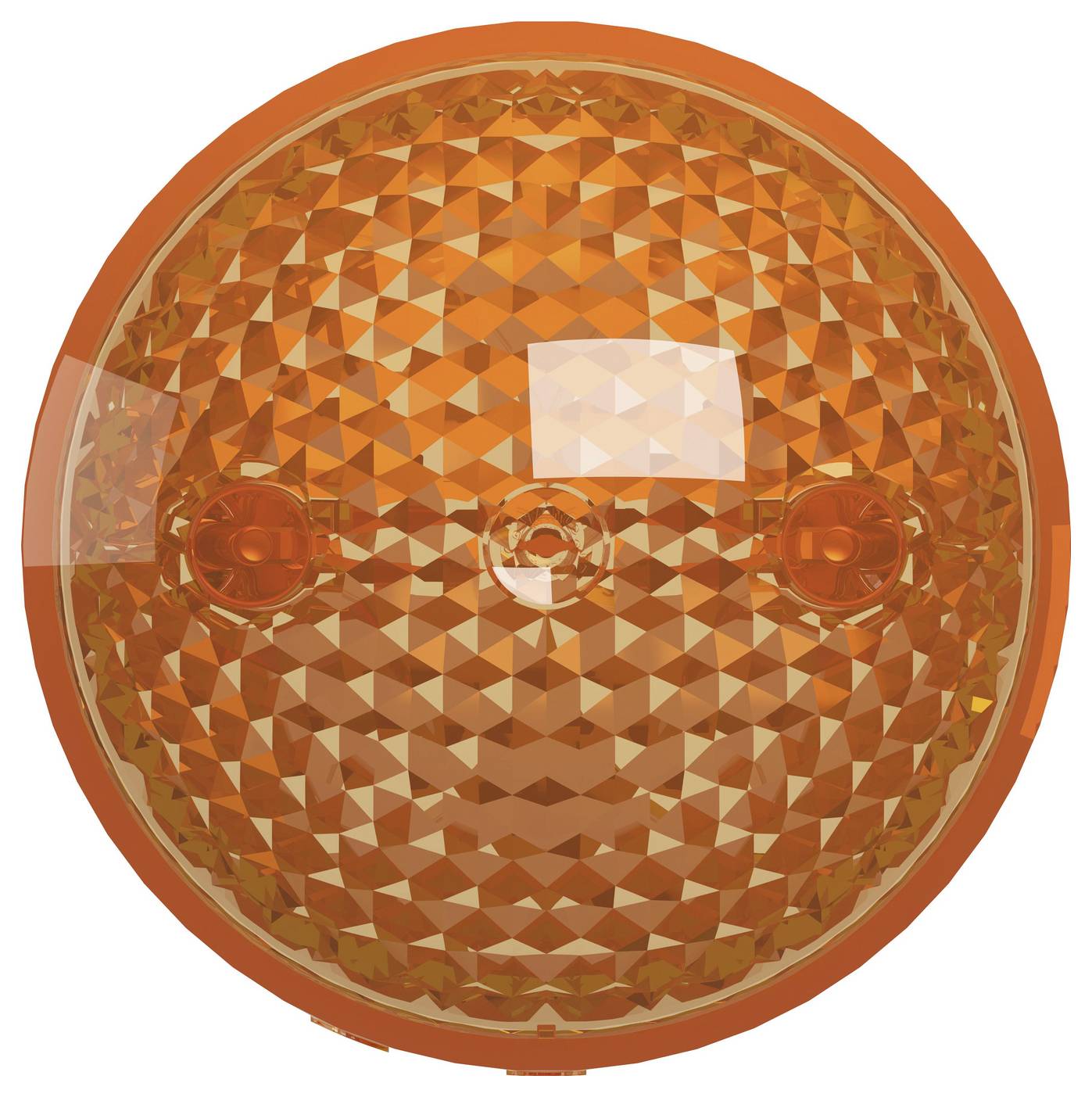 Orangefarbener runder Reflektor oder Linse mit facettierter Oberfläche und zwei kleinen Seitenleuchten, von vorne betrachtet.