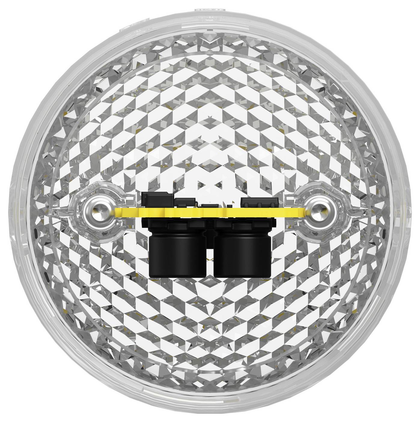 Kreisförmige reflektierende Lampe oder Sensor mit einem gelben horizontalen Balken und zwei schwarzen Zentralmodulen, die über die Mitte montiert sind