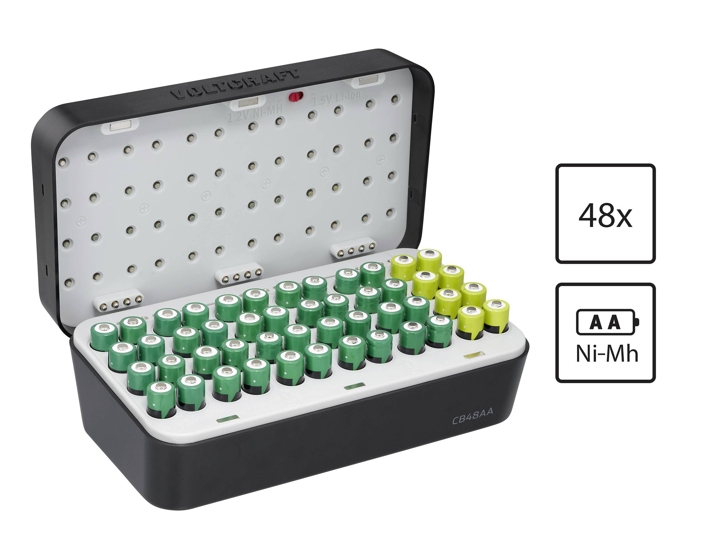 Batterie-Aufbewahrungsbox mit 48 Einschüben, für AA- und AAA-Batterien. Auf der Hülle angegeben: '48x AA Ni-MH'.