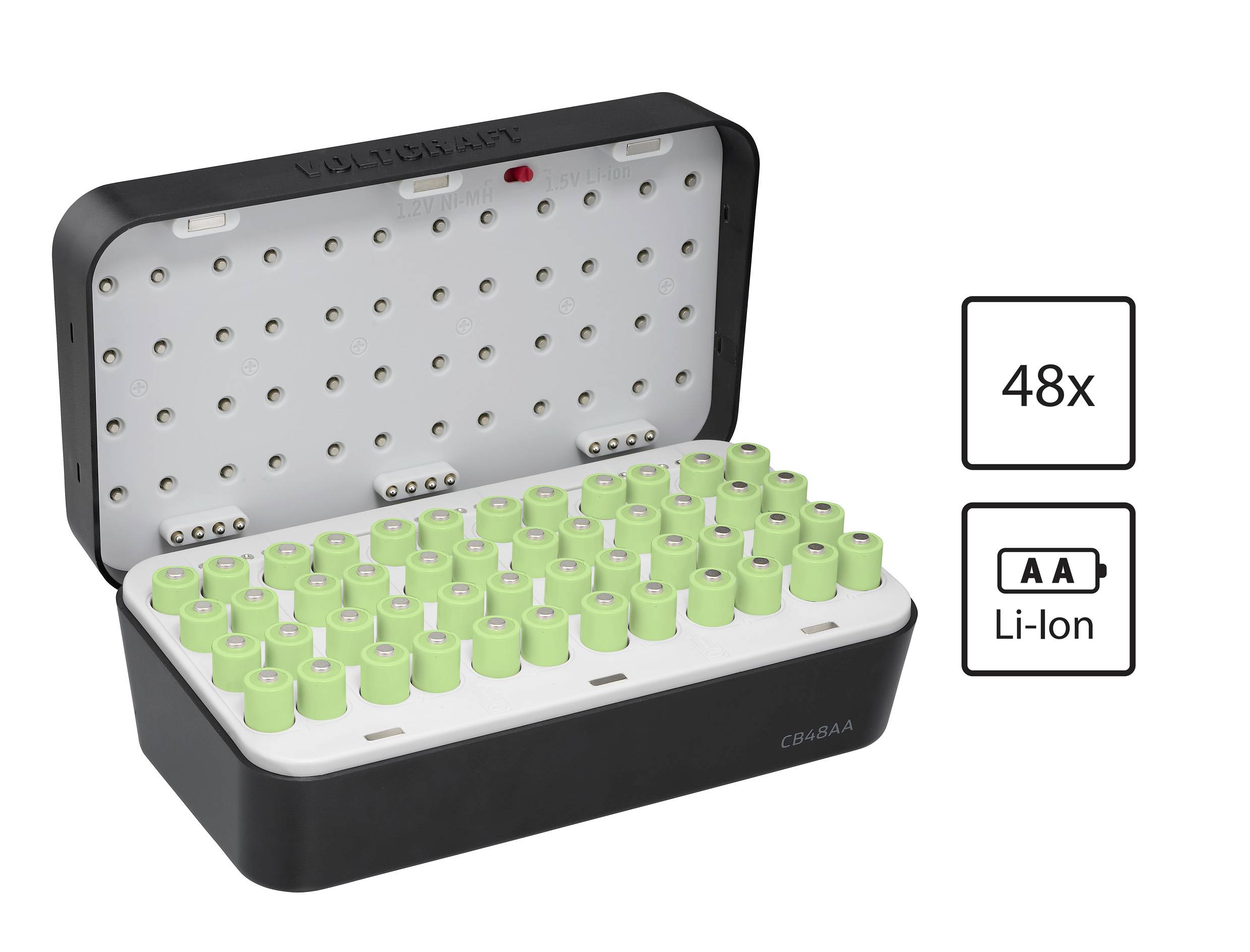 Ladegerät mit 48 grünen wiederaufladbaren Batterien. Text rechts: '48x' und 'Li-Ion' mit Batteriesymbol, beschriftet mit 'AA'.