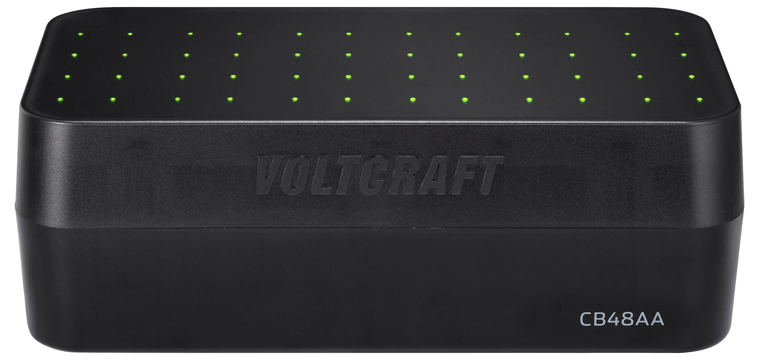 Ein schwarzer Voltcraft CB48AA Akkulader mit grünen Anzeigelichtern oben, die den Ladestatus anzeigen.