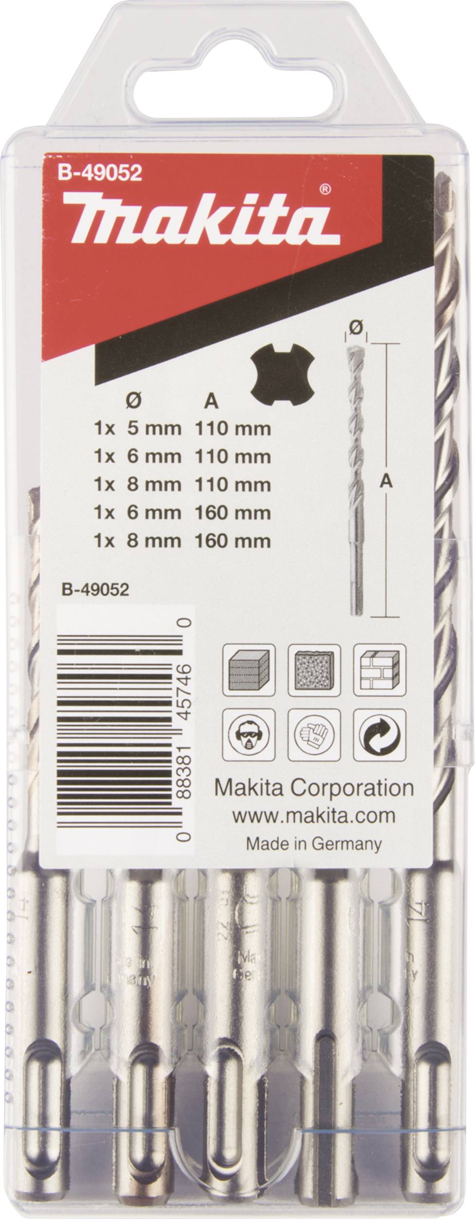 Makita B-49052 Stein-Spiralbohrer-Set 5 mm, 6 mm, 8mm SDS-Plus 1 Set