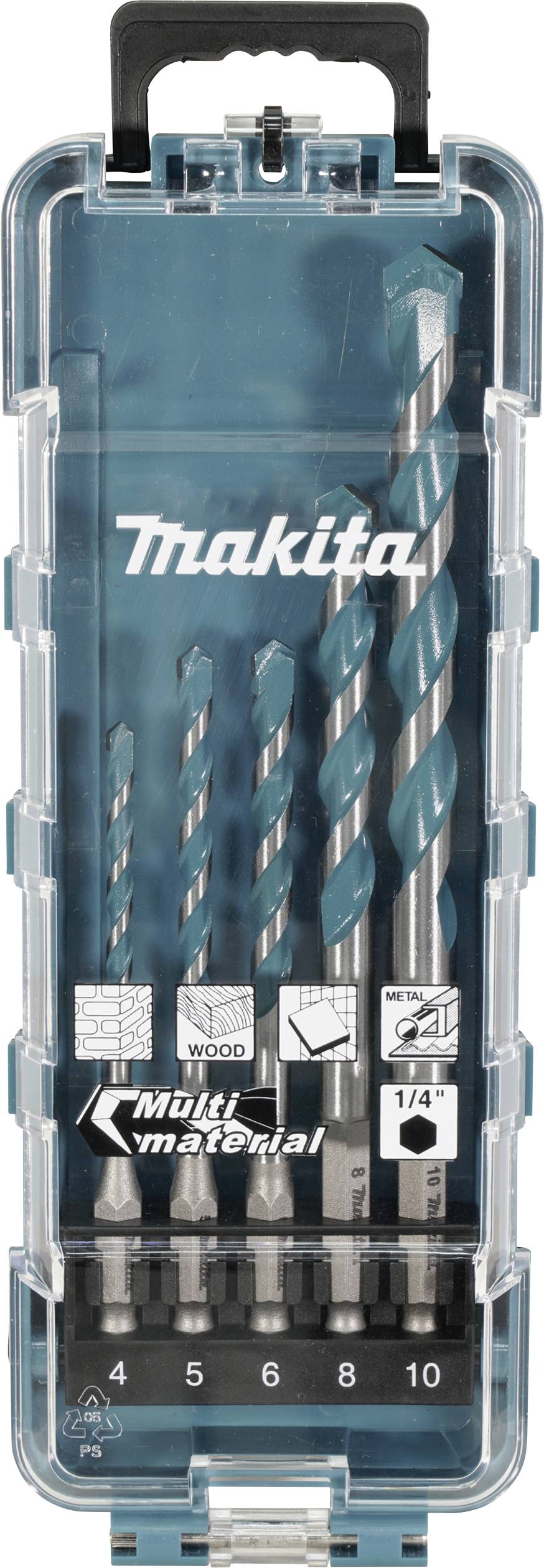 Makita E-16732 5teilig Universal-Bohrersortiment Metall, Stein, Beton, Holz, Mauerwerk 4 mm, 5 mm, 6 mm, 8 mm, 10mm
