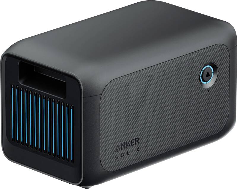 Ein schwarzes Anker Solix Gerät mit blauen Akzenten, versehen mit einem Frontgitter und einem Einschaltknopf, entwickelt für elektronische oder Ladezwecke.