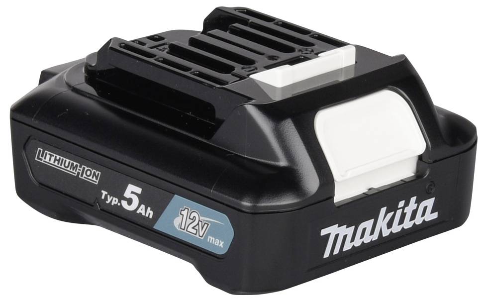 Makita 12V max Lithium-Ionen Akkupack 5Ah mit schwarzem Gehäuse und weißer Entriegelungsklinke.