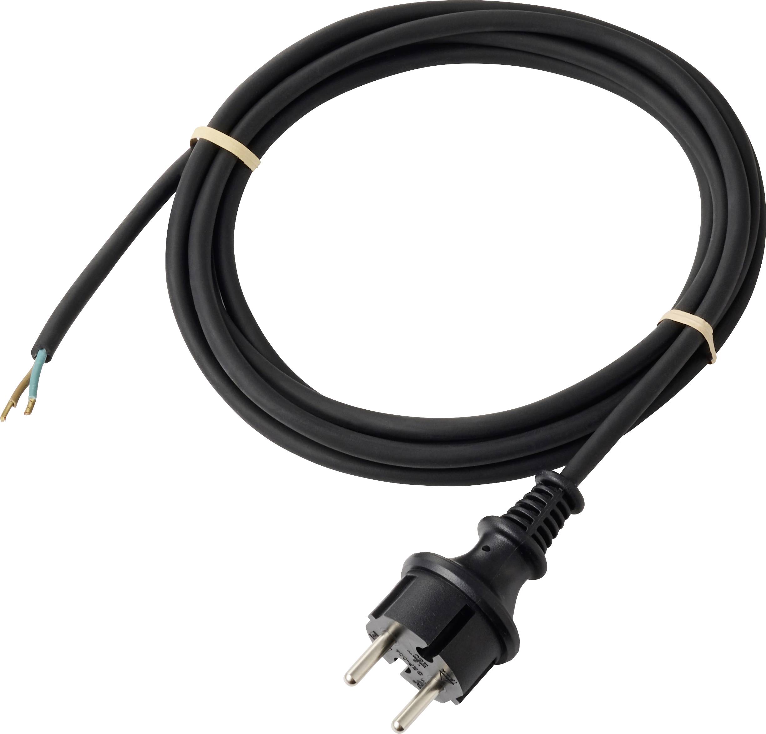 Ein schwarzes elektrisches Netzkabel mit einem europäischen Stecker an einem Ende und freigelegten Drähten am anderen Ende, aufgewickelt mit zwei Gummibändern.