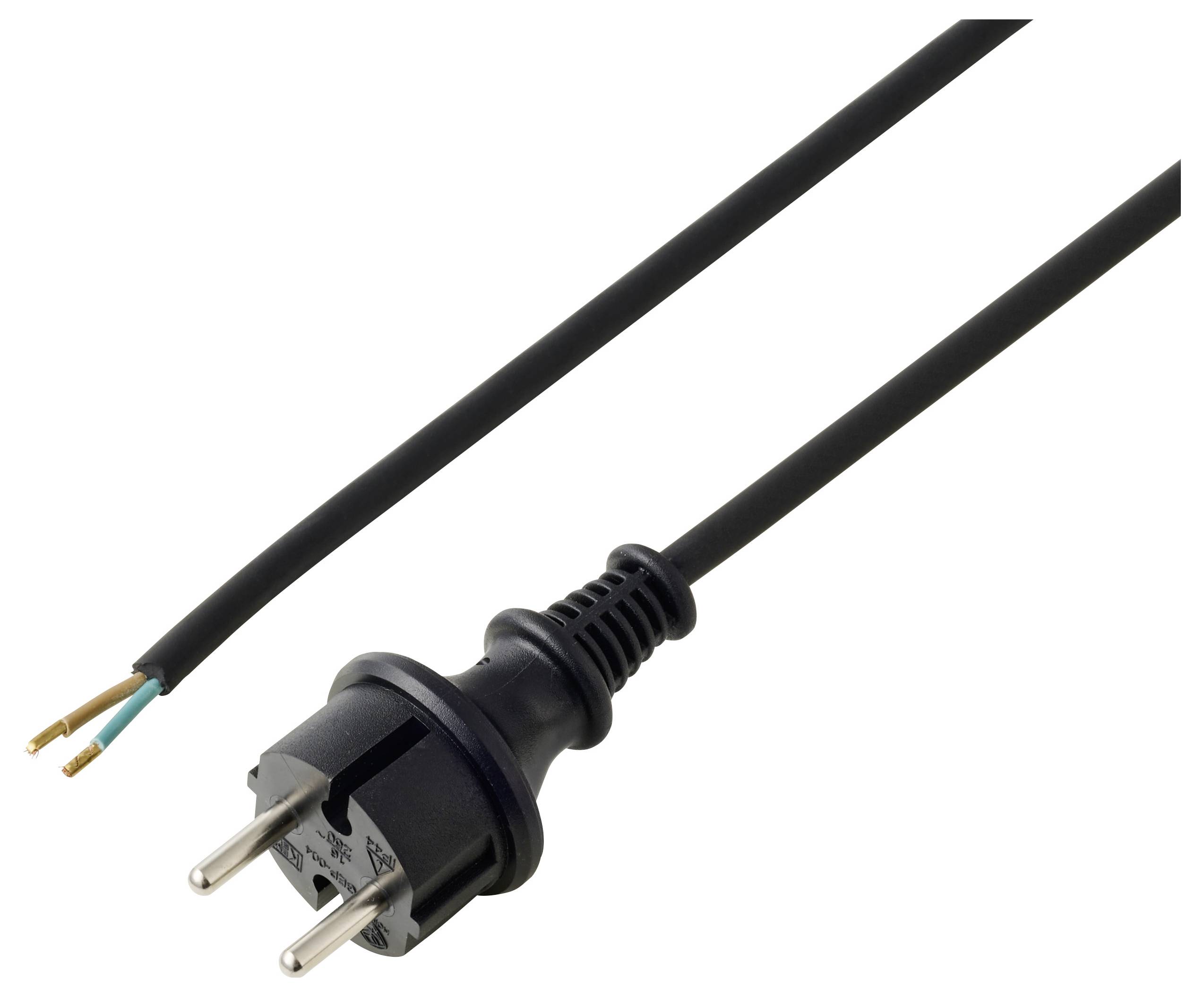 Ein schwarzer europäischer Stecker und Kabel mit freiliegenden Drähten am anderen Ende, geeignet für elektrische Verbindungen.
