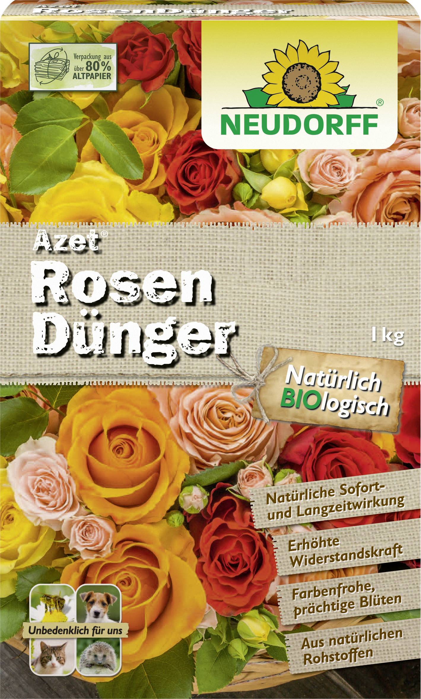 Ein Beutel mit Rosendünger, der mit lebhaften Rosenbildern verziert ist. Text: 'Azet Rosen Dünger', 'Natürlich BIOlogisch', wobei die natürlichen und biologischen Eigenschaften betont werden.