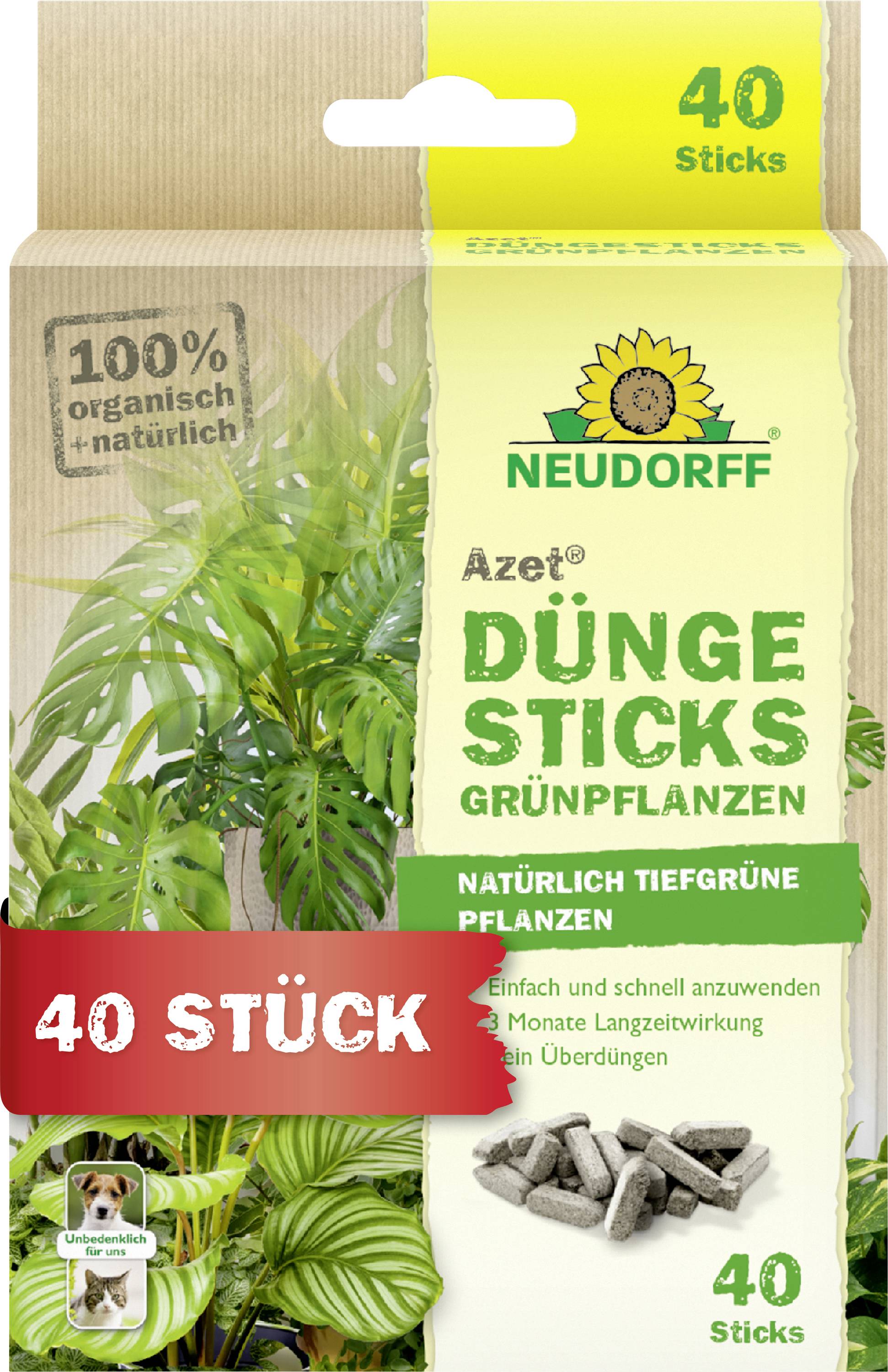 Neudorff Azet Düngersticks Grünpflanzen Verpackung zeigt ein grün-gelbes Design mit Bildern üppiger Pflanzen. Hebt '40 Stück' und '100% organisch + natürlich' hervor.