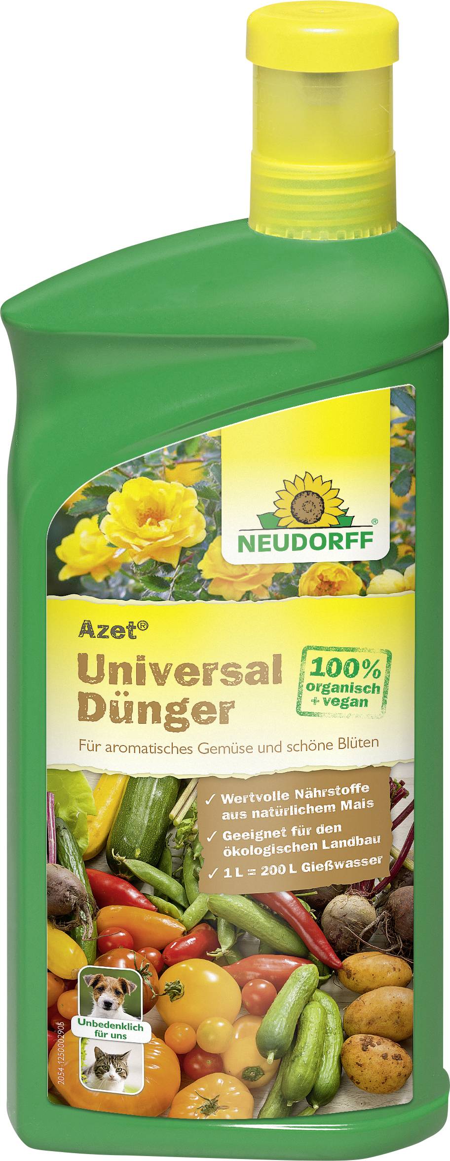 Eine grüne Flasche 'Neudorff Azet Universal Dünger', ein organischer Flüssigdünger, mit Abbildungen von Gemüse und Blumen auf dem Etikett.