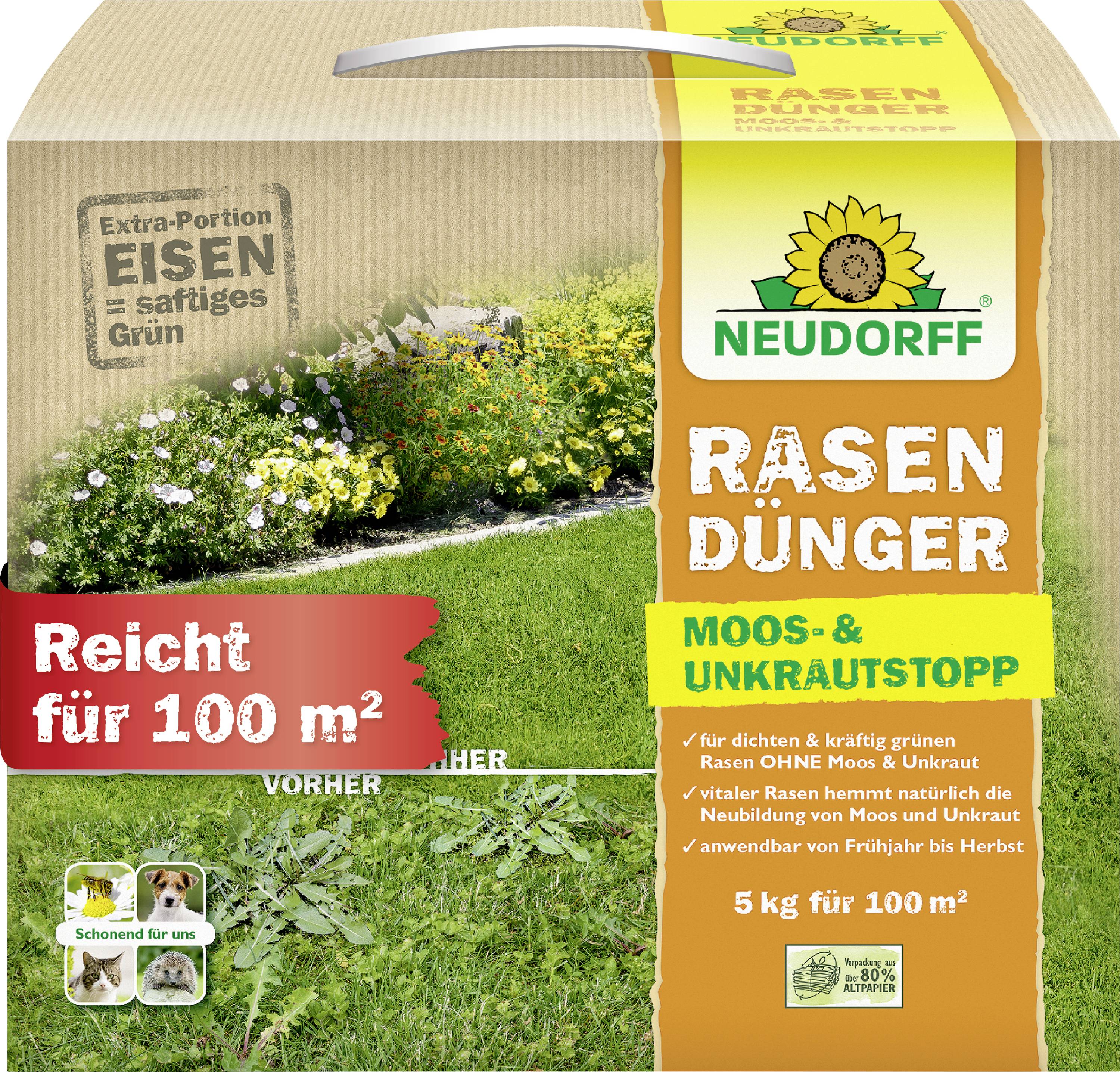 Neudorff Rasendünger<br>Für bis zu 100 m² Rasenfläche<br>Hemmt Moos und Unkraut<br>Mit zusätzlichem Eisen<br>Haustierfreundlich